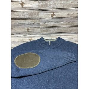 LL Bean 1/4 Zip Sweater Shetland Wool‎ Elbow Patches Blue Size Large